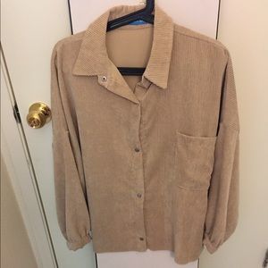 Beige Corduroy Oversized Long Sleeve Button Up